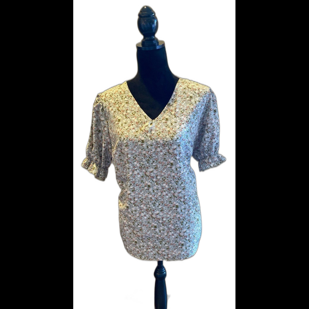 Peasant Blouse Plus Size 2XL Green Print Top Ruffle‎ Elastic Sleeve V Neck Soft